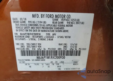 2018 Ford Ecosport Titanium z USA, uszkodzony, nr VIN MAJ6P1WL9JC200930